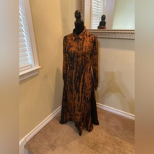 100% Silk Blue and Orange Long Sleeve Dress